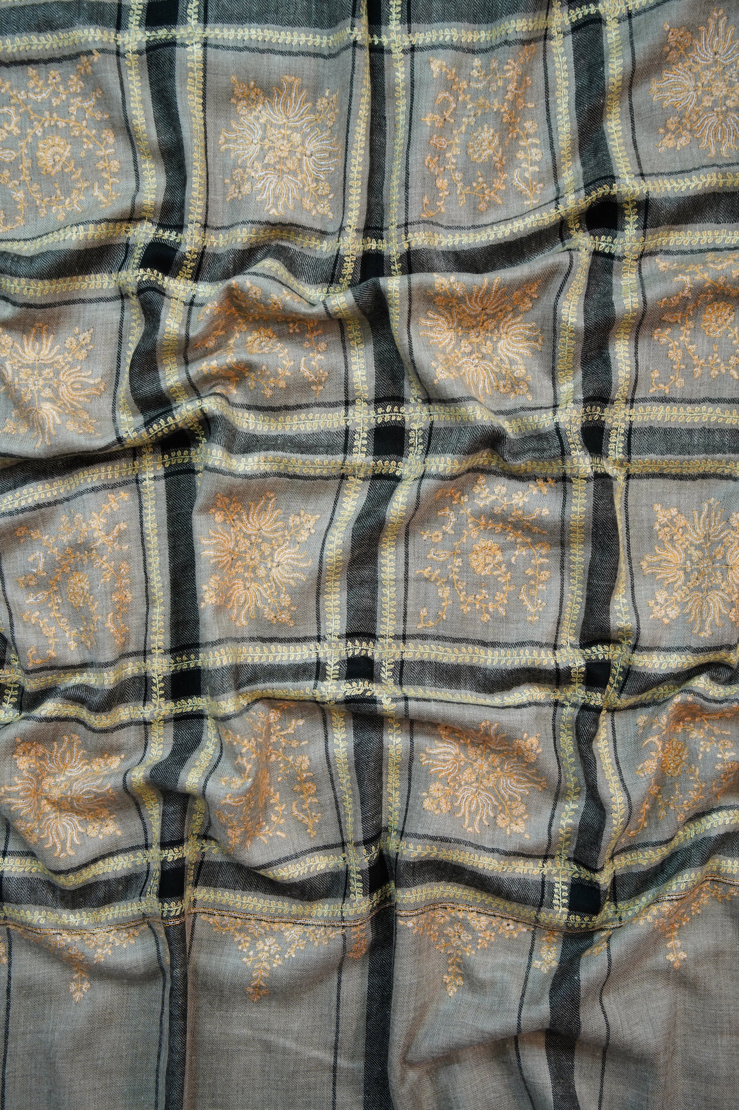 natural and black checked GI butis embroidery pashmina shawl 9908