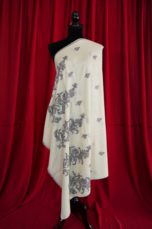 white GI butis embroidery pashmina shawl 9912