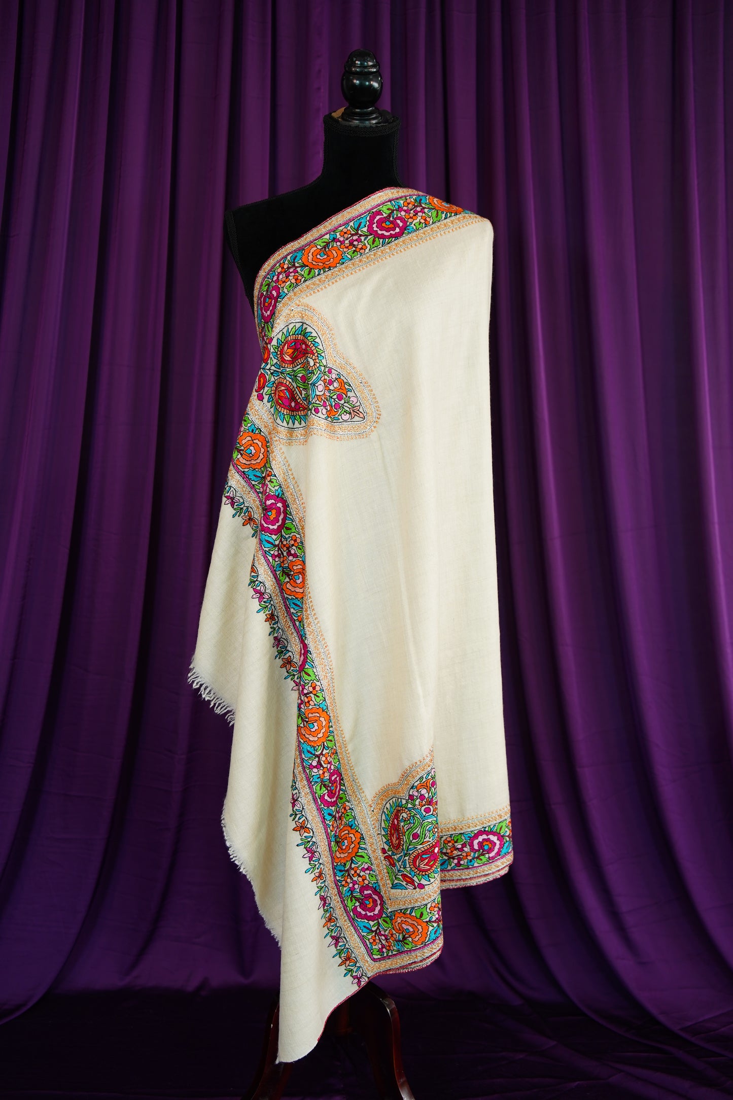 white GI embroidery pashmina shawl 9924