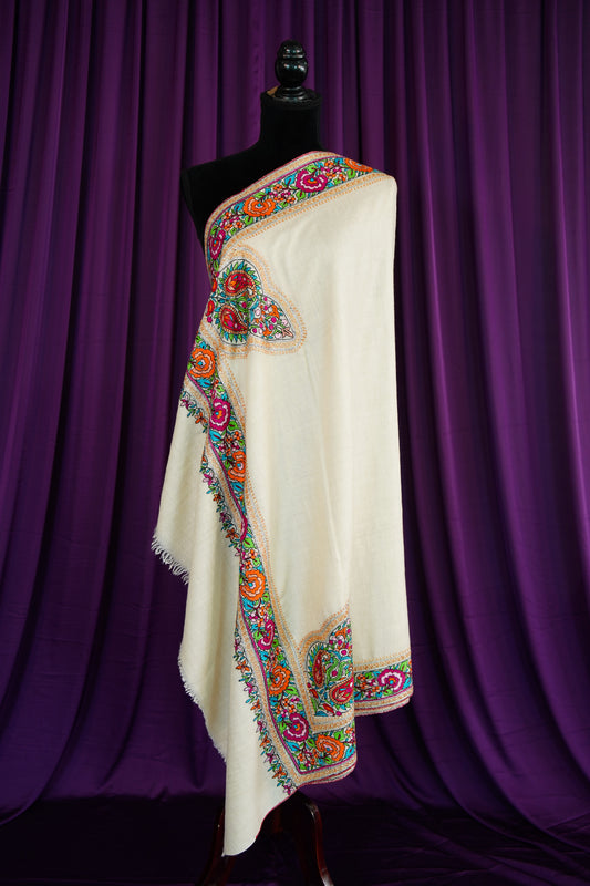 white GI embroidery pashmina shawl 9924