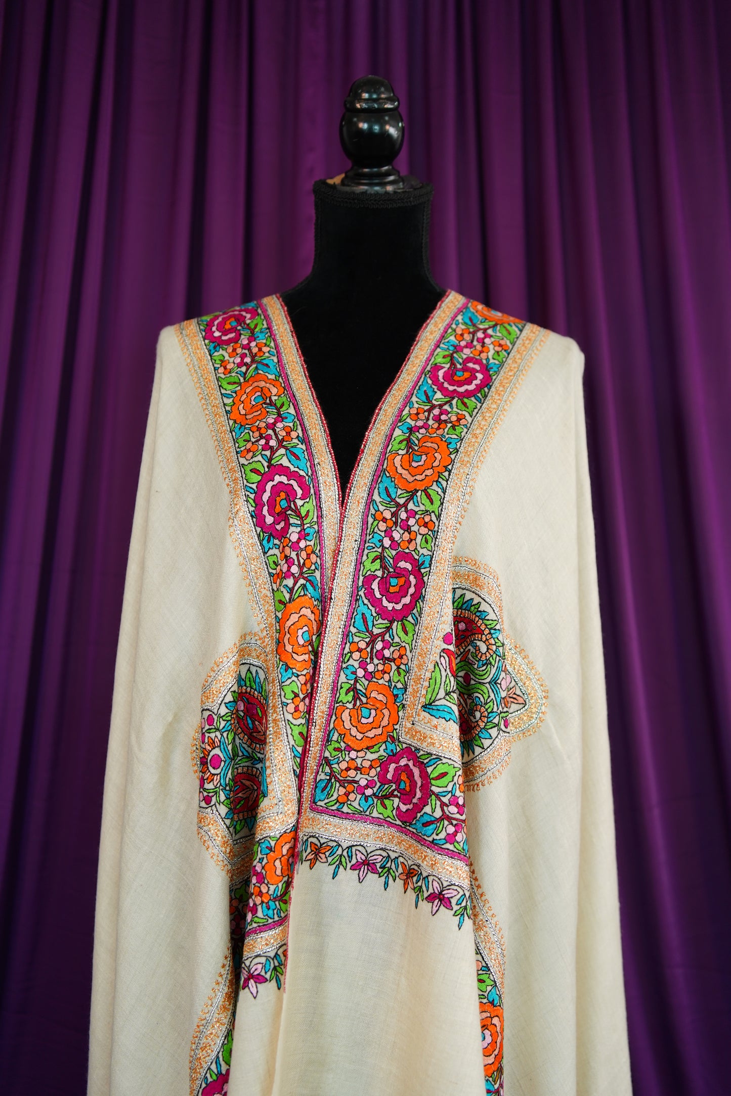 white GI embroidery pashmina shawl 9924