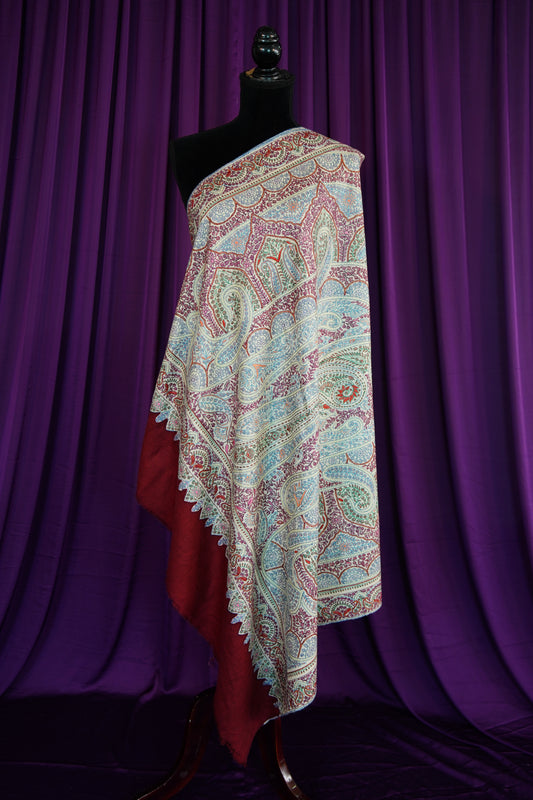 maroon multi-coloured GI embroidery pashmina shawl 9925