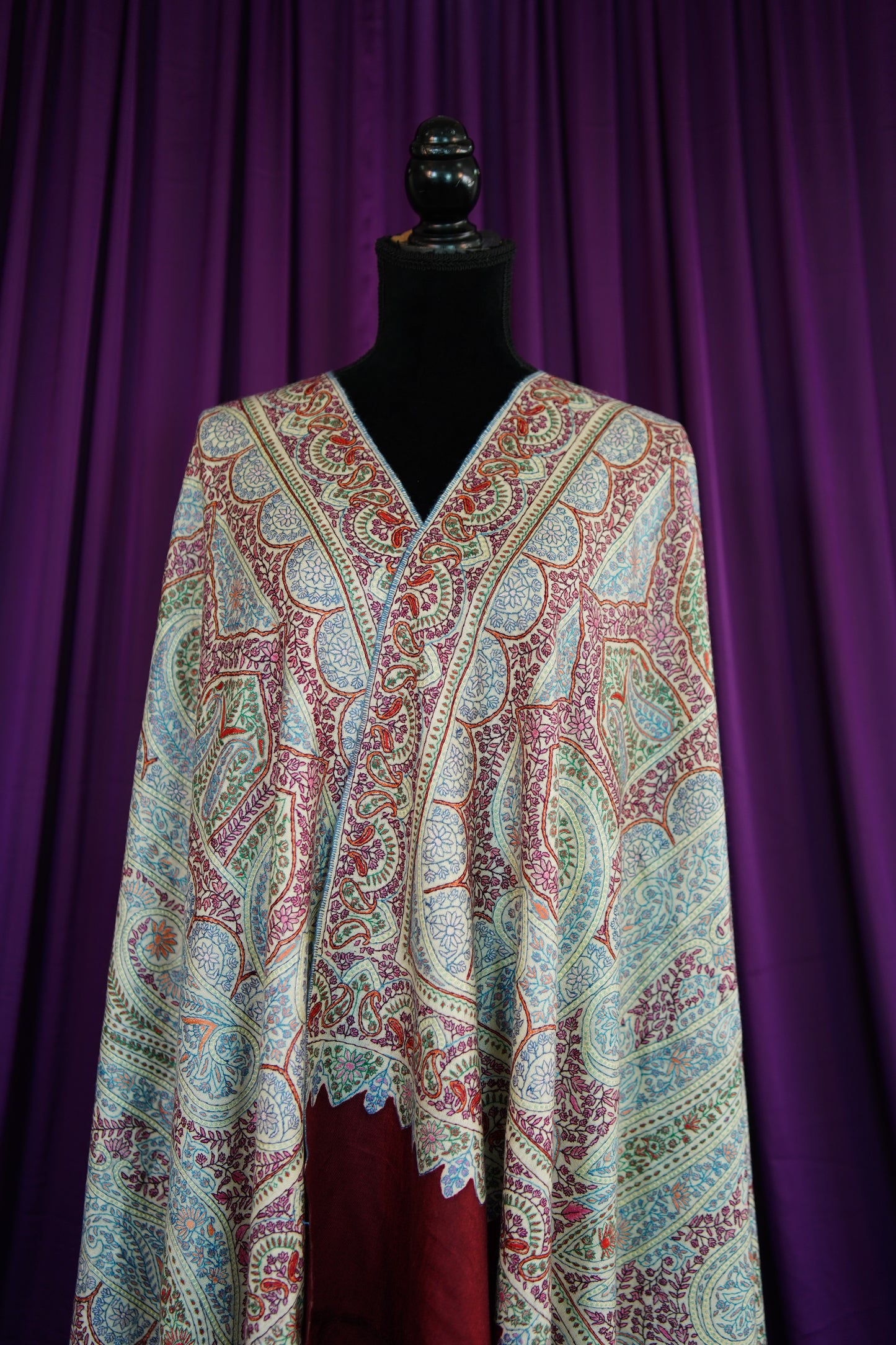 maroon multi-coloured GI embroidery pashmina shawl 9925