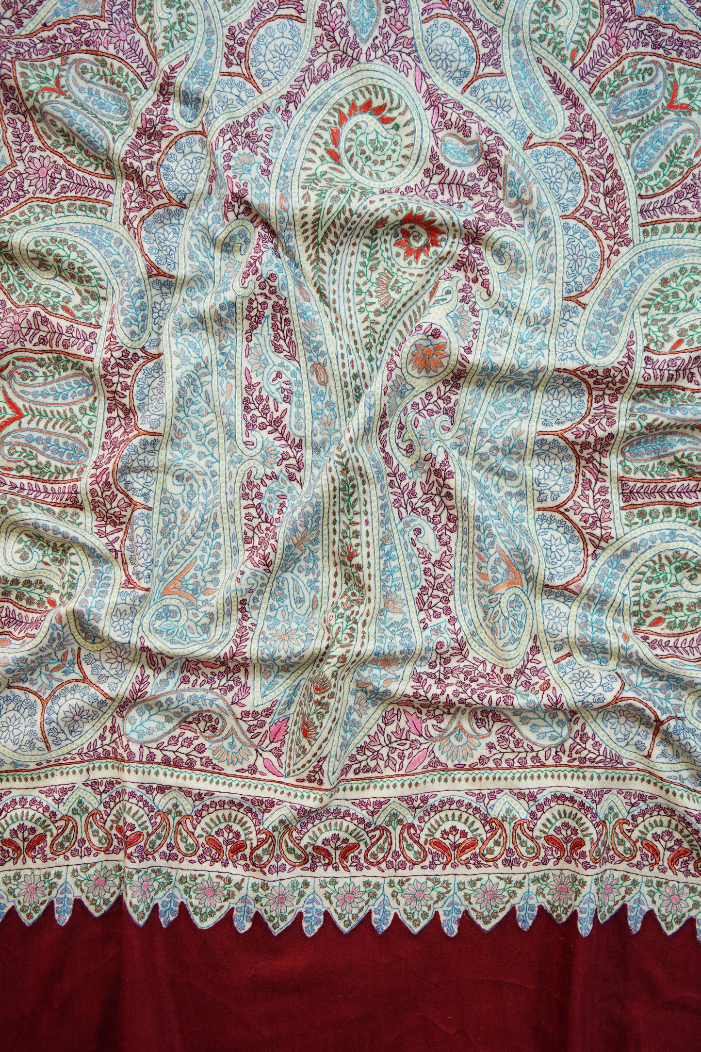 maroon multi-coloured GI embroidery pashmina shawl 9925