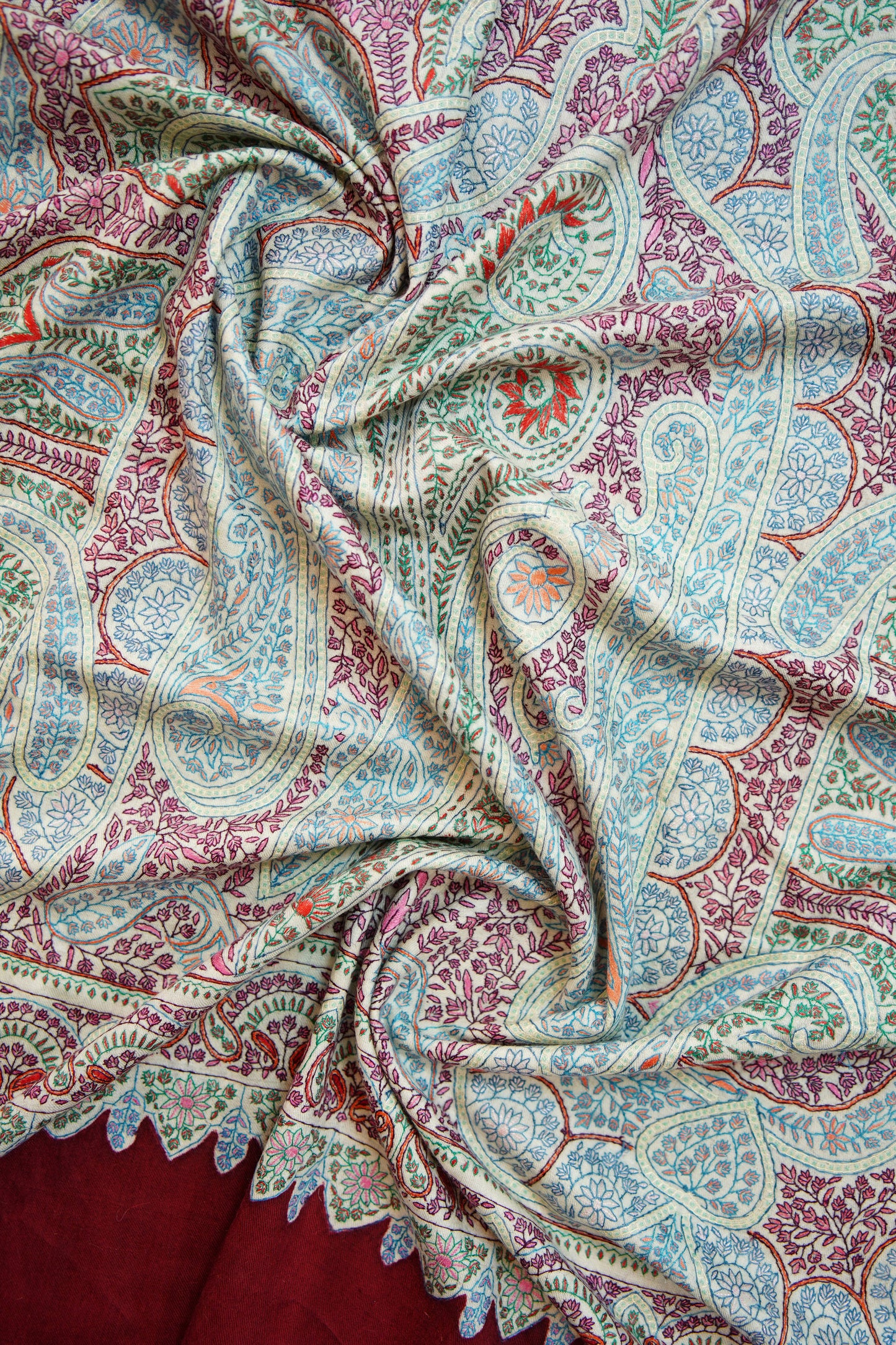 maroon multi-coloured GI embroidery pashmina shawl 9925