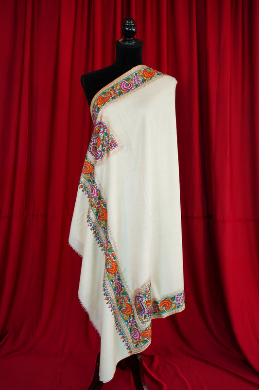 pure white GI embroidery pashmina shawl 9928
