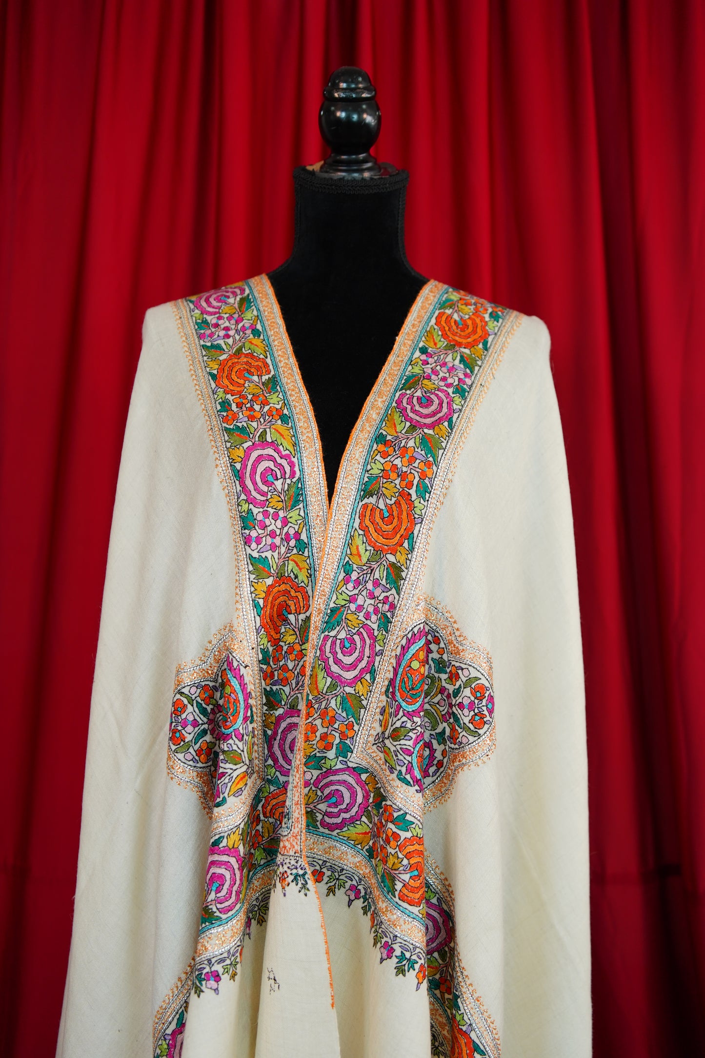 pure white GI embroidery pashmina shawl 9928