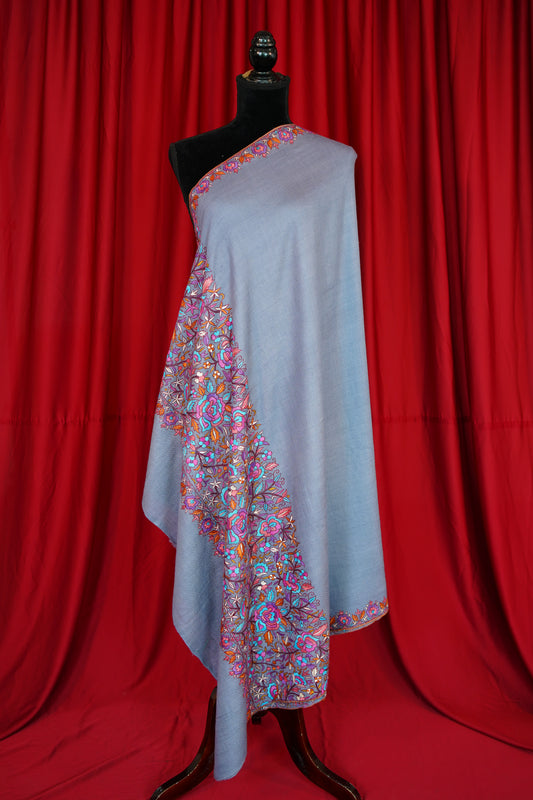 pigeon blue GI embroidery pashmina shawl 9931