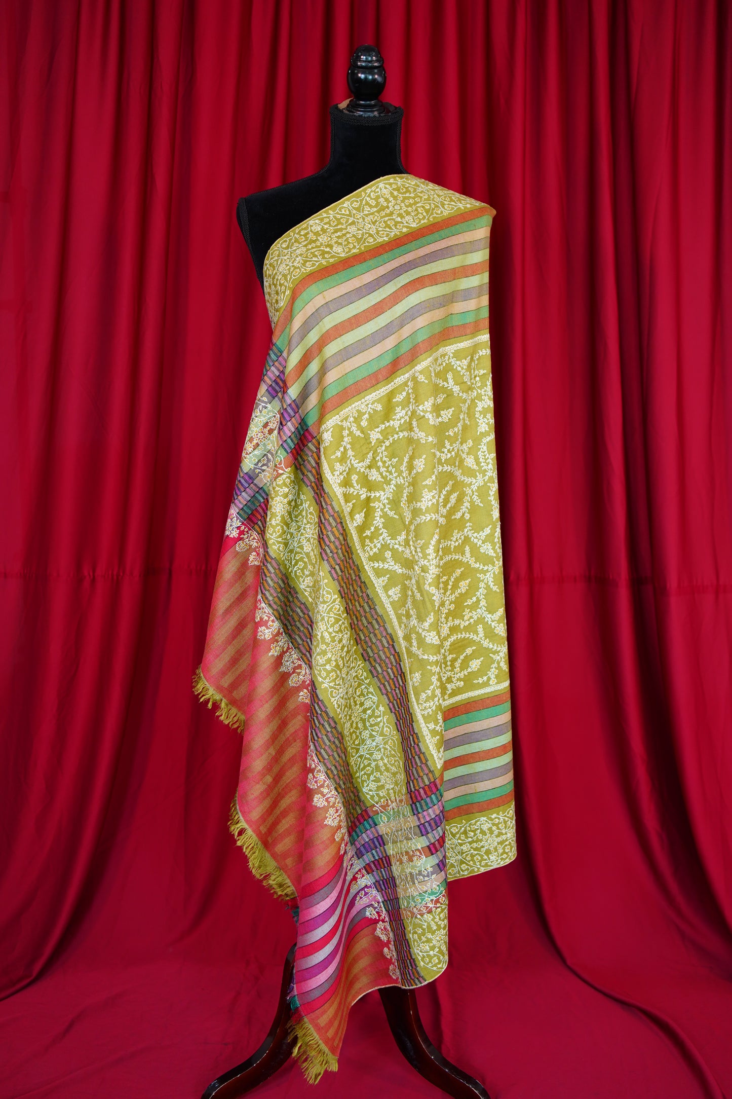 multi-coloured striped GI embroidery pashmina shawl 9933