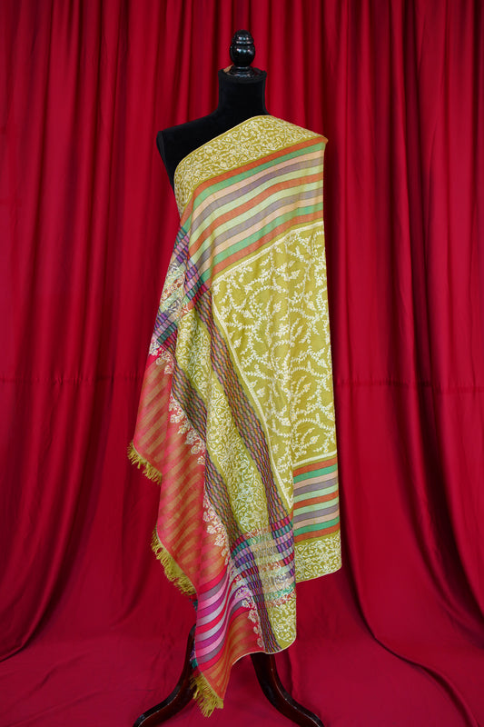 multi-coloured striped GI embroidery pashmina shawl 9933