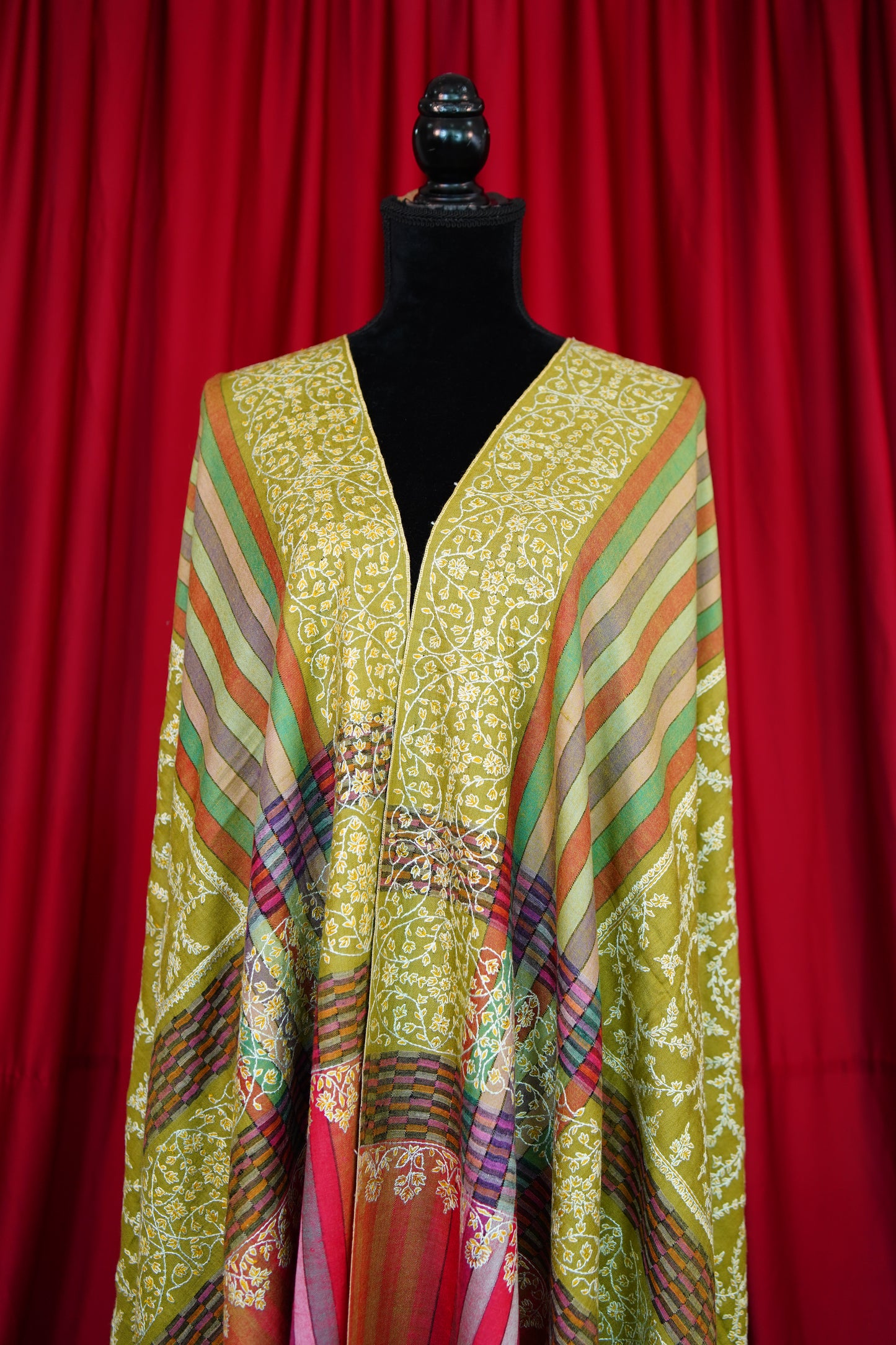 multi-coloured striped GI embroidery pashmina shawl 9933