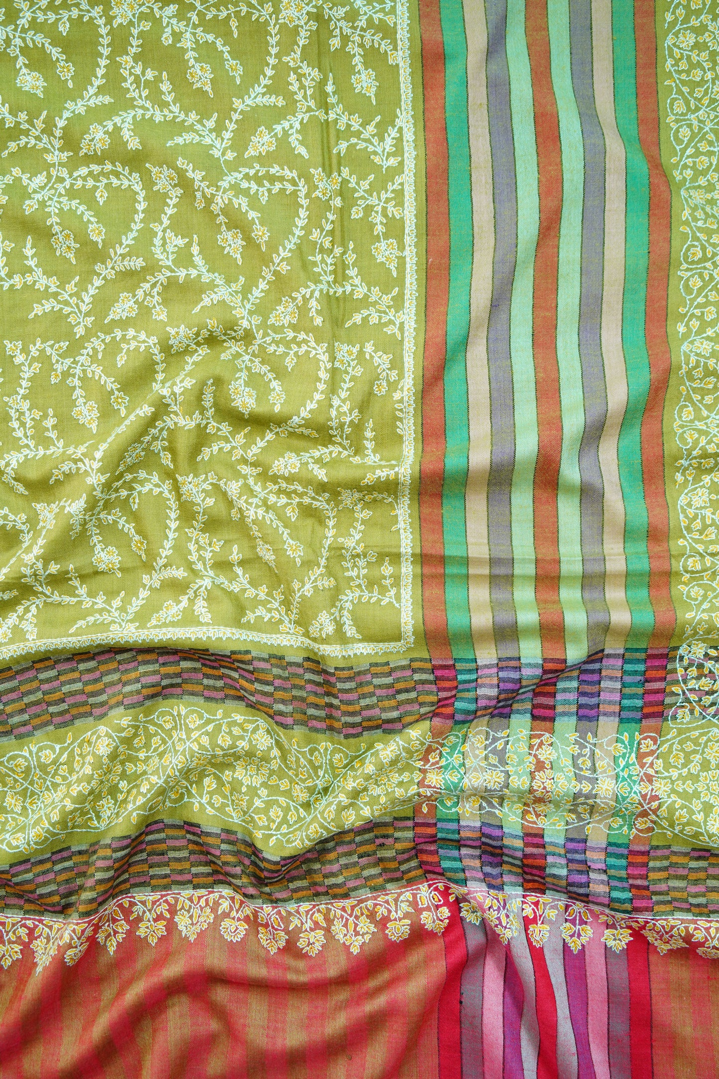 multi-coloured striped GI embroidery pashmina shawl 9933