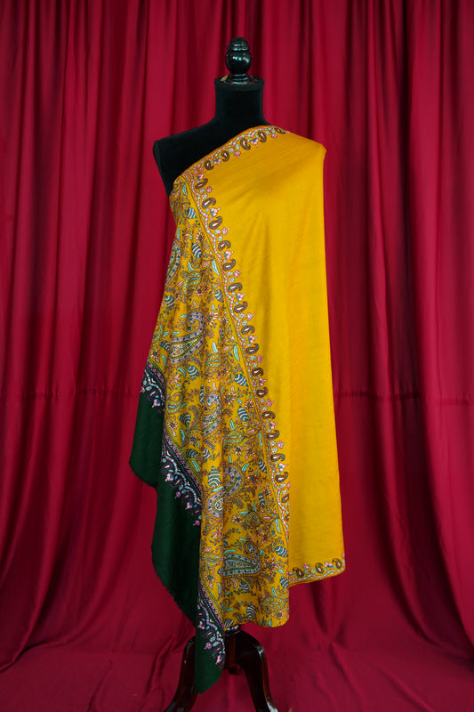 mustard and green GI embroidery pashmina shawl 9962