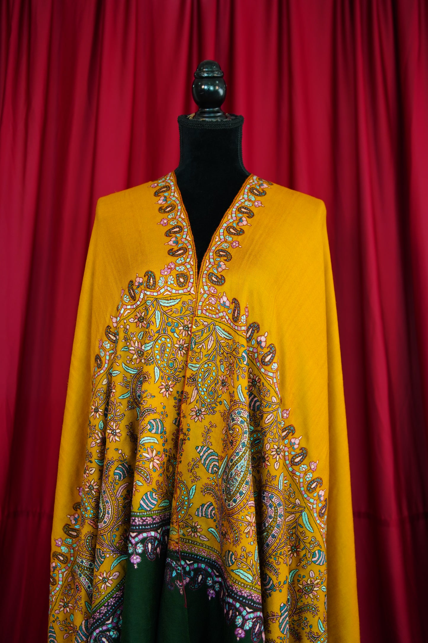 mustard and green GI embroidery pashmina shawl 9962