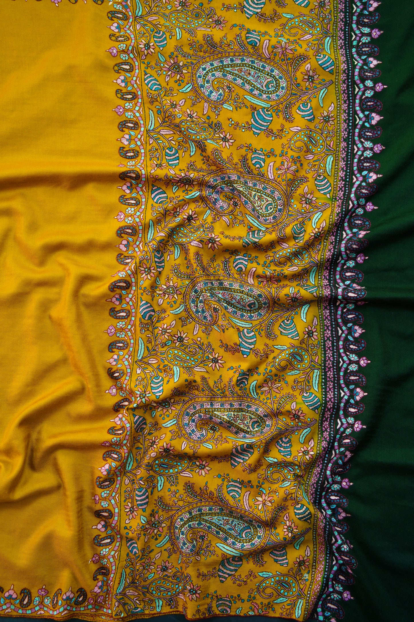 mustard and green GI embroidery pashmina shawl 9962
