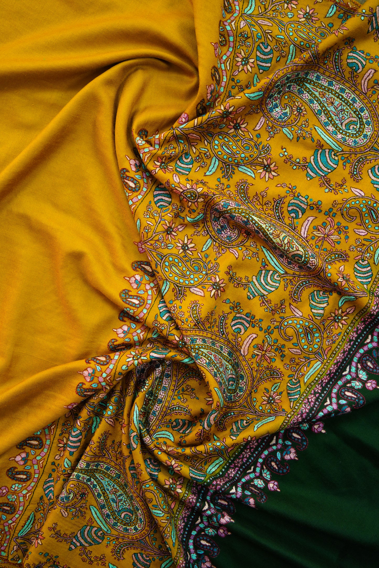 mustard and green GI embroidery pashmina shawl 9962
