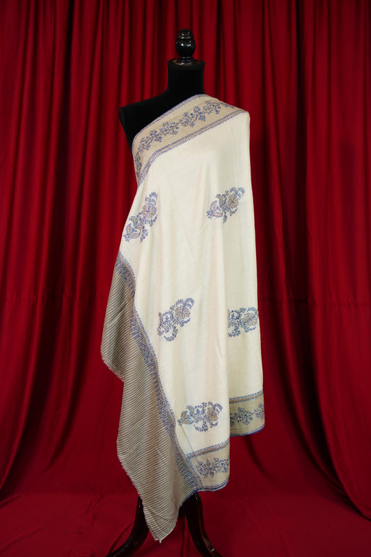 creamy white and natural GI butis embroidery pashmina shawl 9969