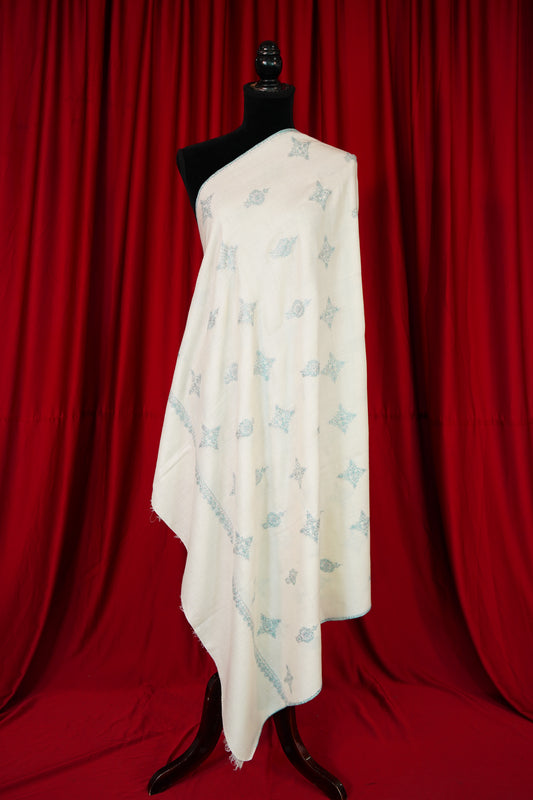 pure white GI butis embroidery pashmina shawl 9977