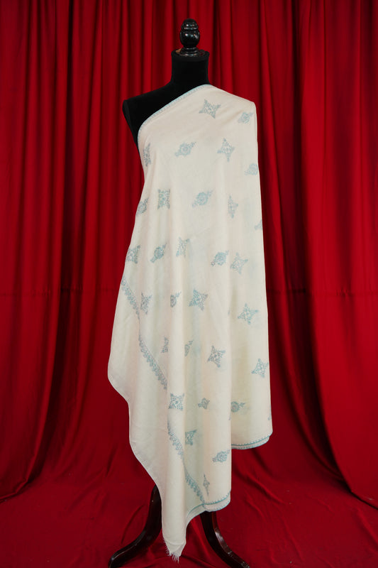 white GI butis embroidery pashmina shawl 9985