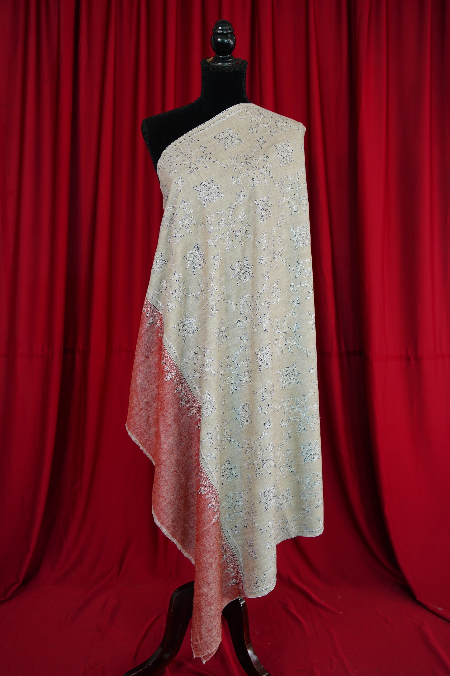 light natural and fire brick red GI jaali embroidery pashmina shawl 9986