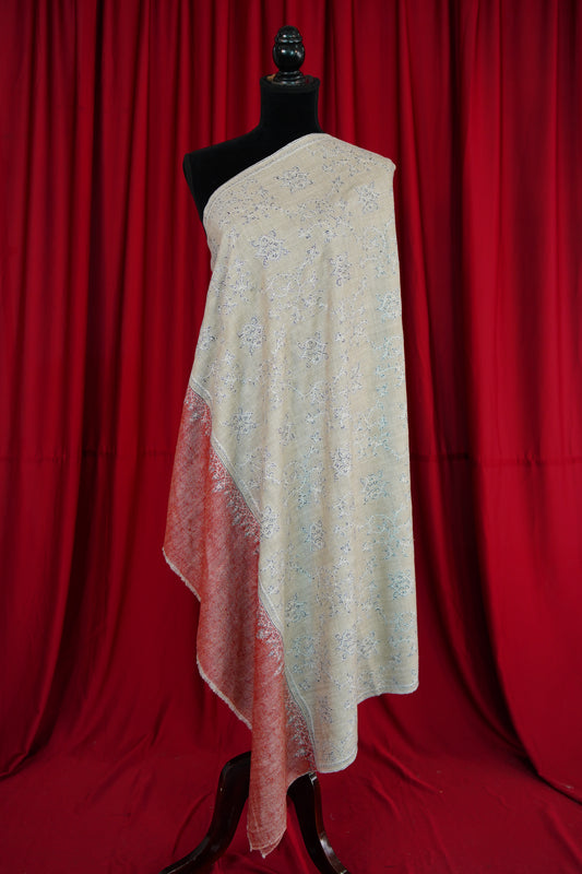 light natural and fire brick red GI jaali embroidery pashmina shawl 9986