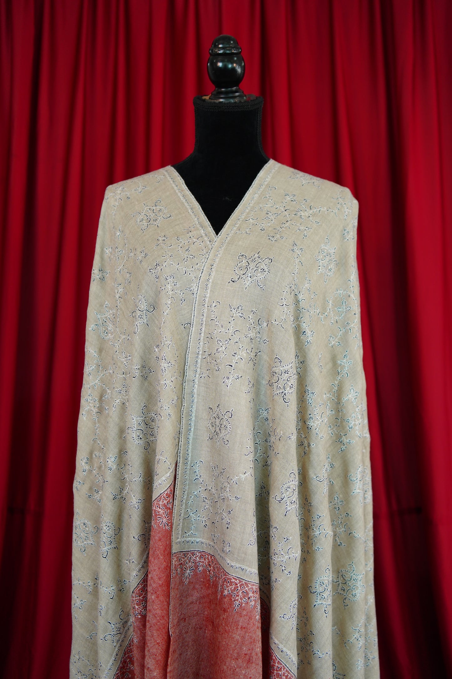 light natural and fire brick red GI jaali embroidery pashmina shawl 9986