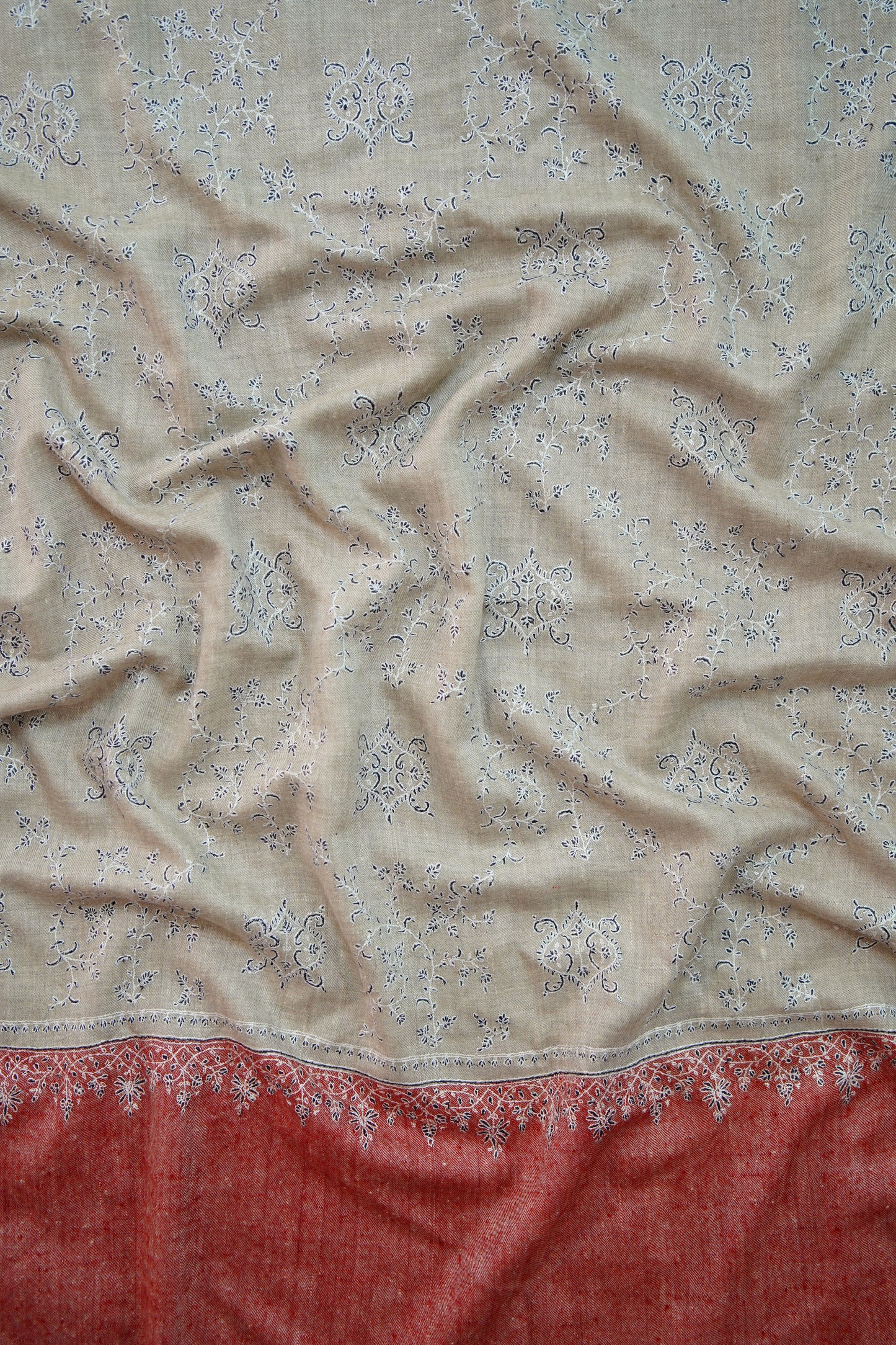 light natural and fire brick red GI jaali embroidery pashmina shawl 9986