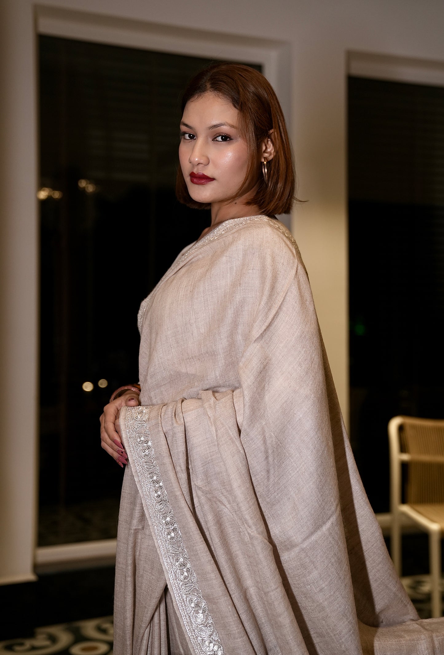 natural shade hand tilla embroidery pashmina saree