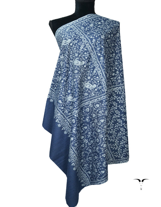 Blue and White Embroidery Pashmina shawl 7350