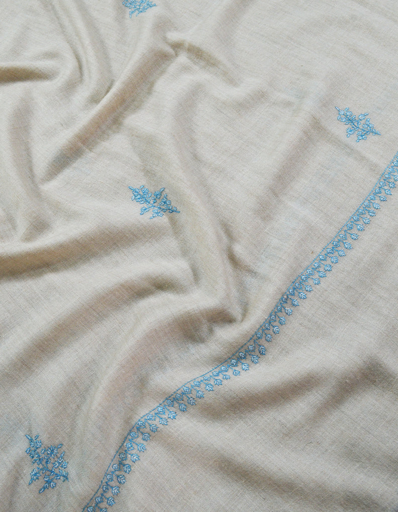 White and Sky Blue Embroidery Pashmina Shawl 7354