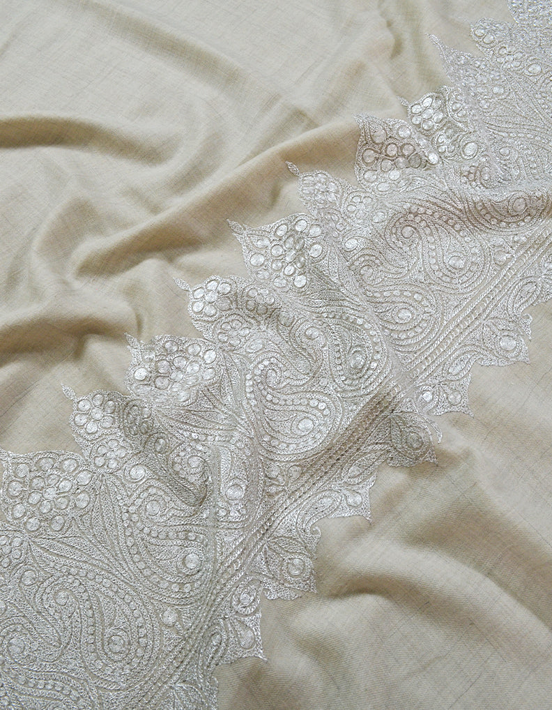 Natural White and Grey Embroidery Pashmina Shawl 7367