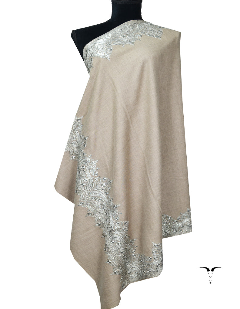 Natural Brown and Sliver Embroidery Pashmina Shawl 7375